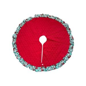 VTG Annalee Red Quilted Christmas Tree Skirt Ruffle Holly Pinecones 47" USA 1994